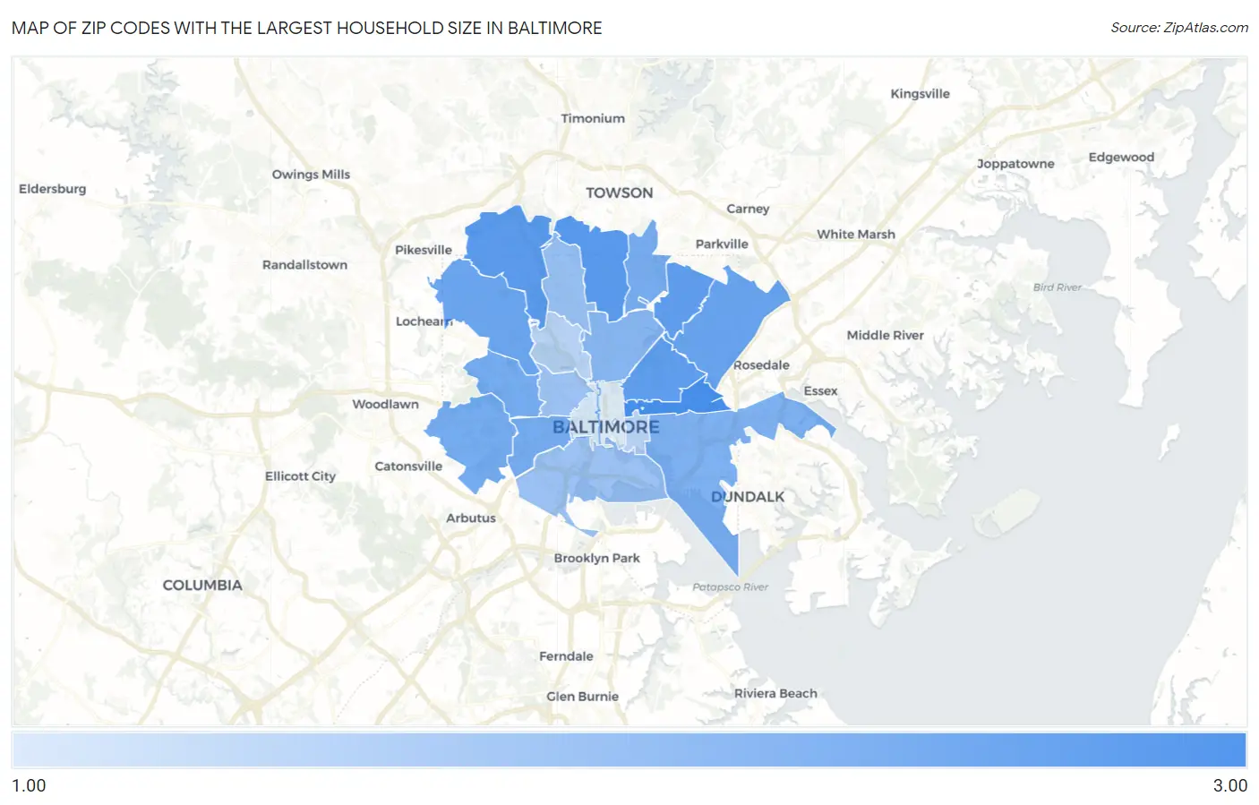 Zip Codes with the Largest Household Size in Baltimore Map