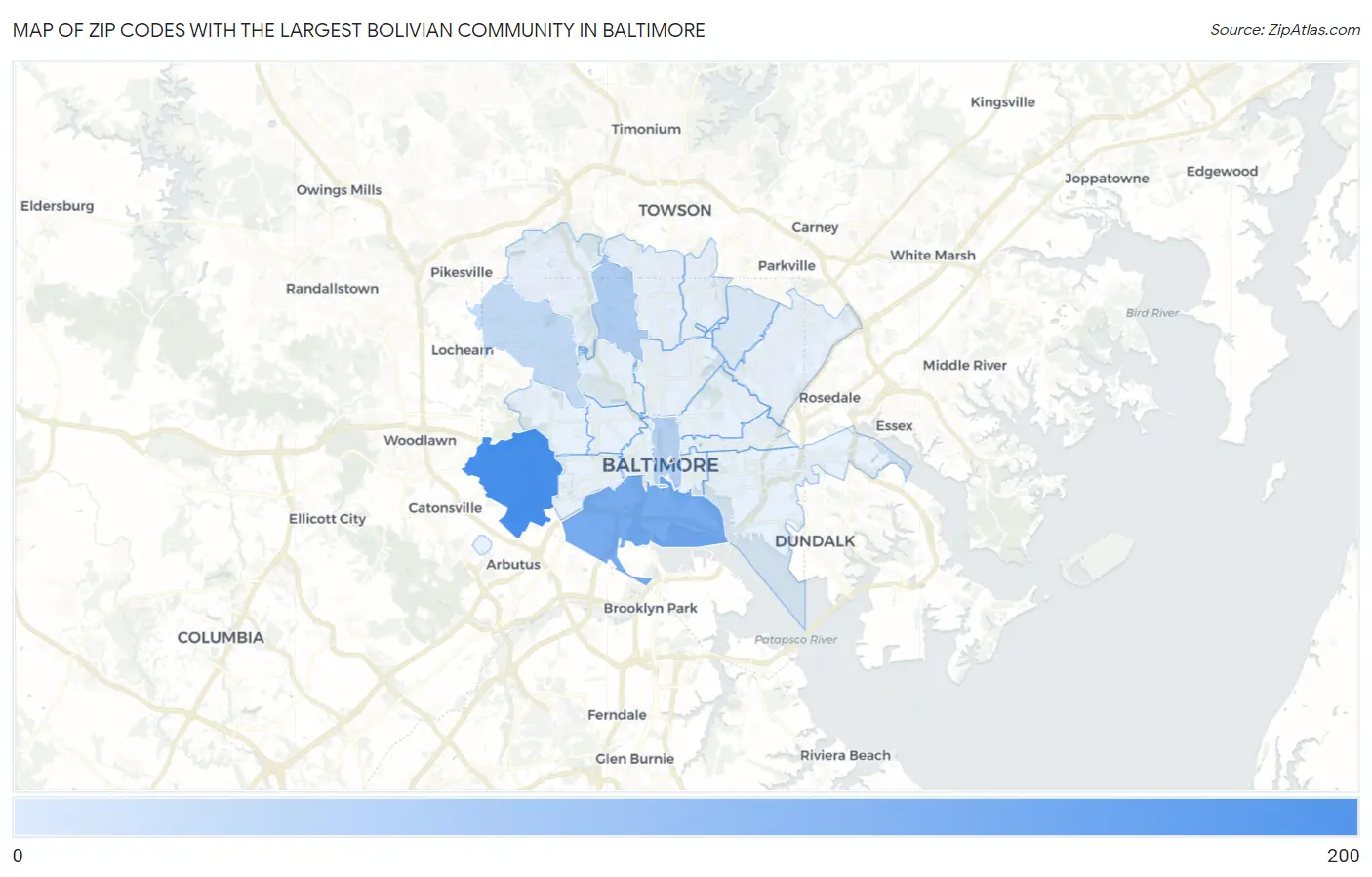 Zip Codes with the Largest Bolivian Community in Baltimore Map