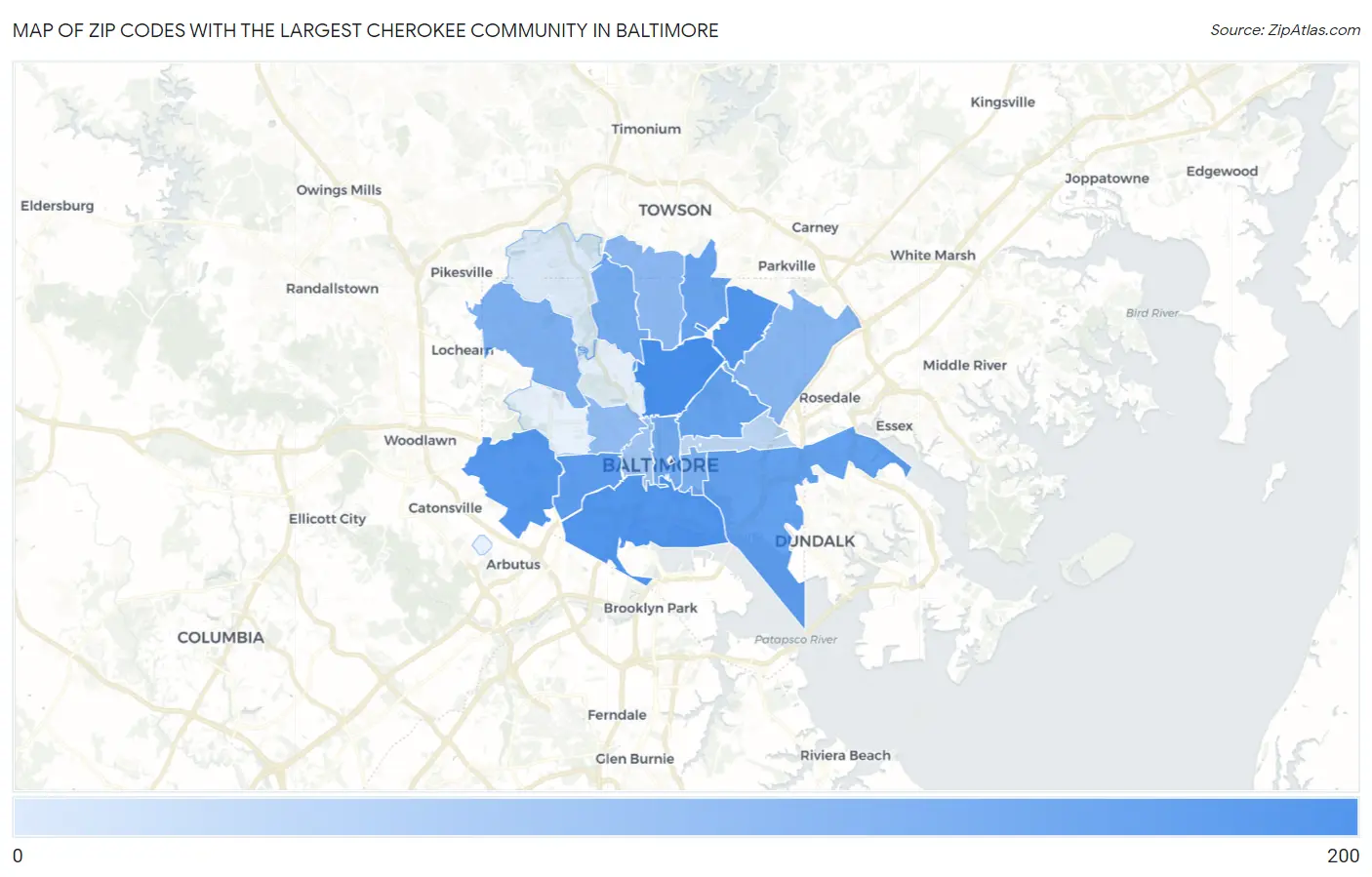 Zip Codes with the Largest Cherokee Community in Baltimore Map