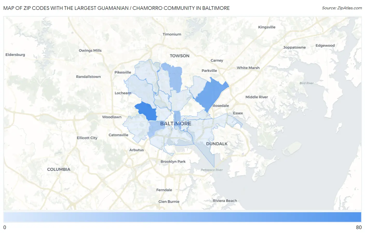 Zip Codes with the Largest Guamanian / Chamorro Community in Baltimore Map
