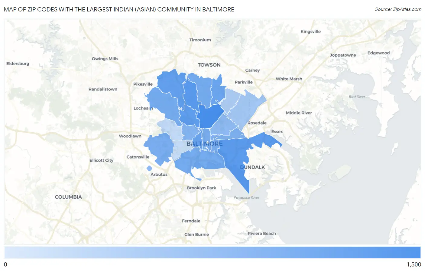 Zip Codes with the Largest Indian (Asian) Community in Baltimore Map