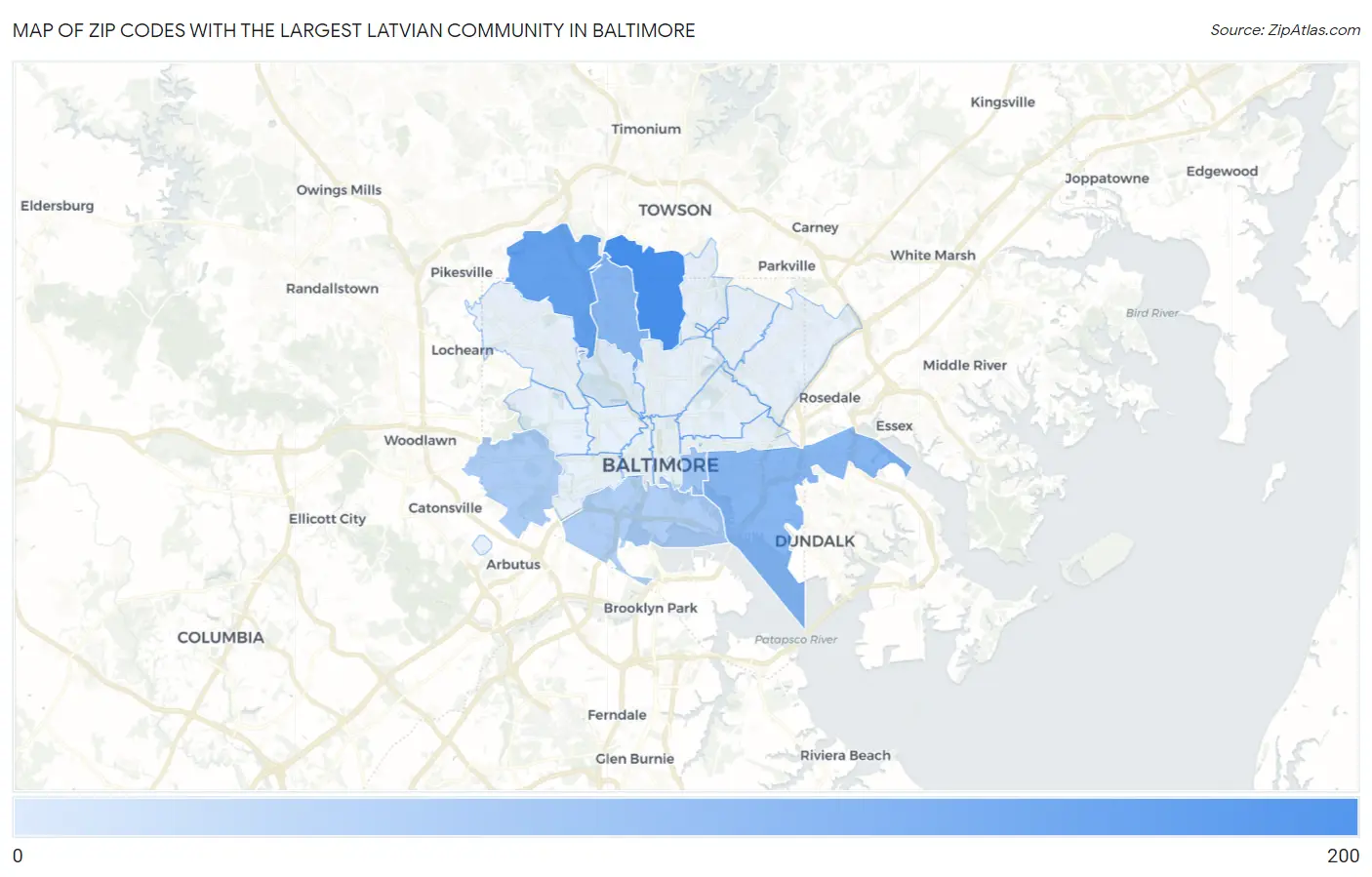 Zip Codes with the Largest Latvian Community in Baltimore Map