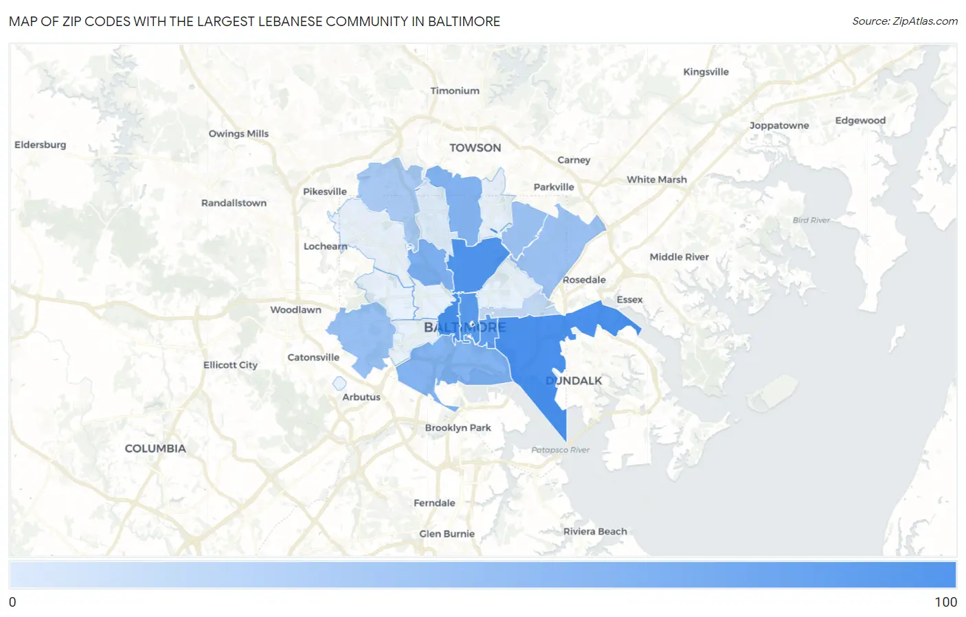 Zip Codes with the Largest Lebanese Community in Baltimore Map