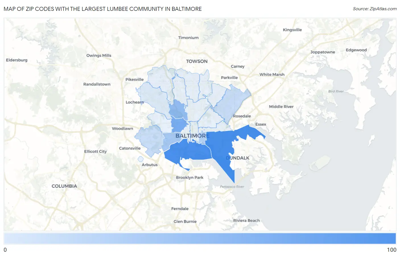 Zip Codes with the Largest Lumbee Community in Baltimore Map