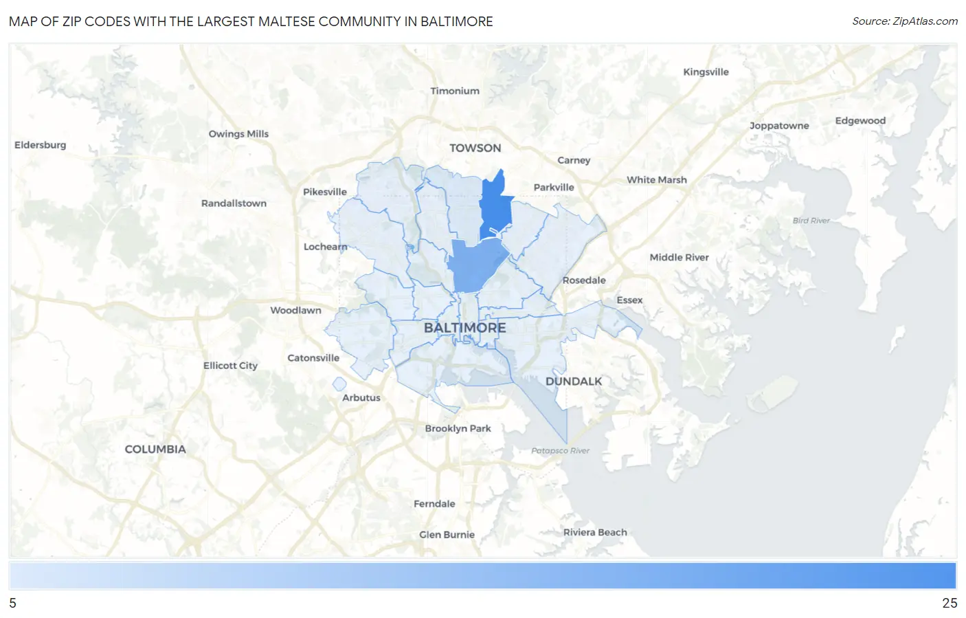 Zip Codes with the Largest Maltese Community in Baltimore Map