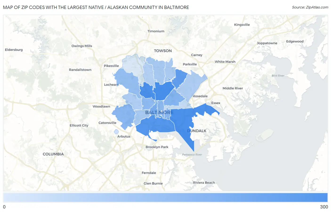 Zip Codes with the Largest Native / Alaskan Community in Baltimore Map