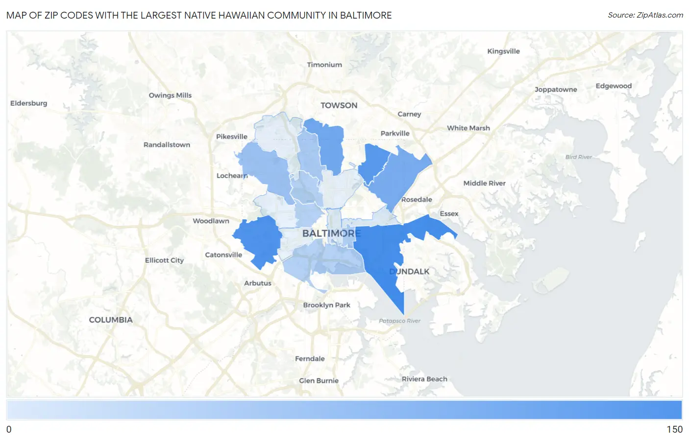 Zip Codes with the Largest Native Hawaiian Community in Baltimore Map