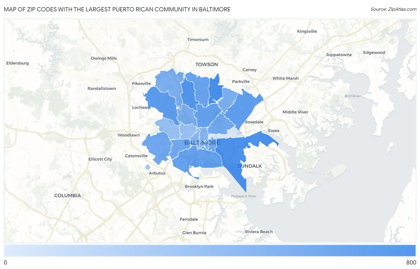 Zip Codes with the Largest Puerto Rican Community in Baltimore Map