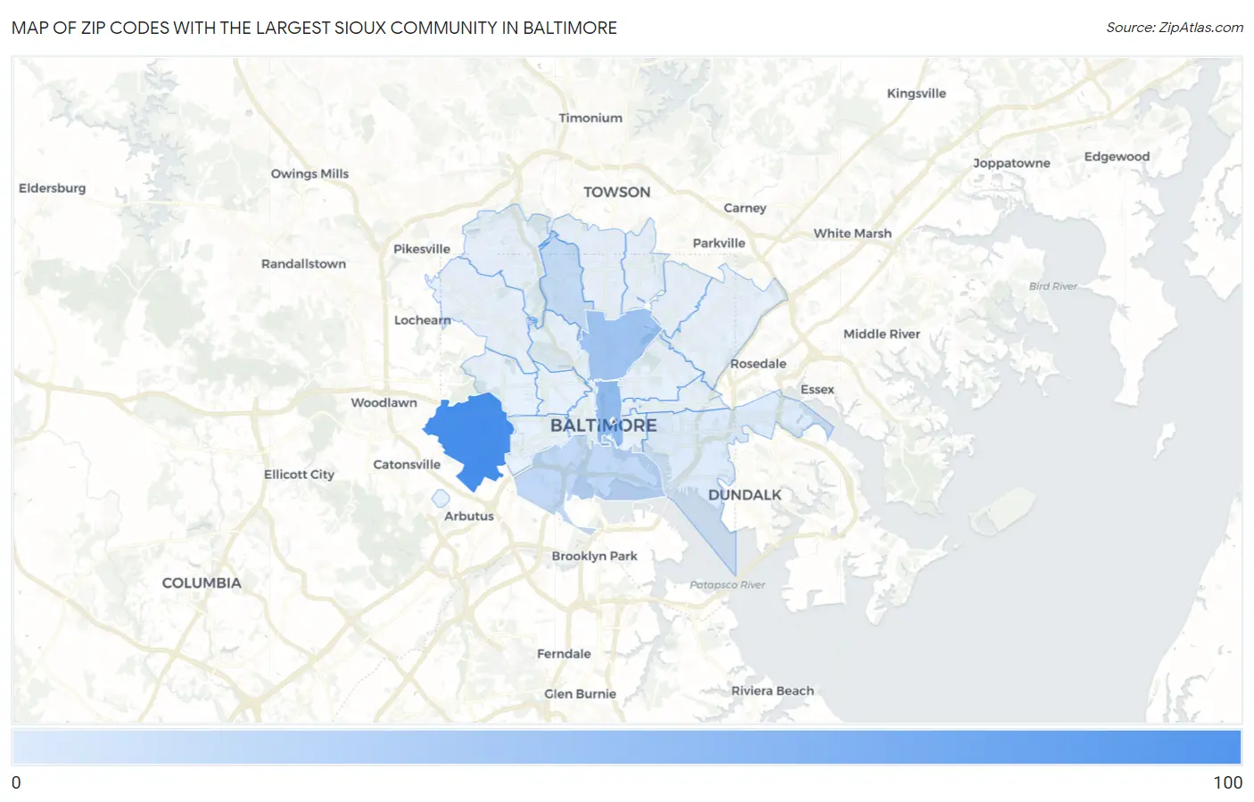 Zip Codes with the Largest Sioux Community in Baltimore Map