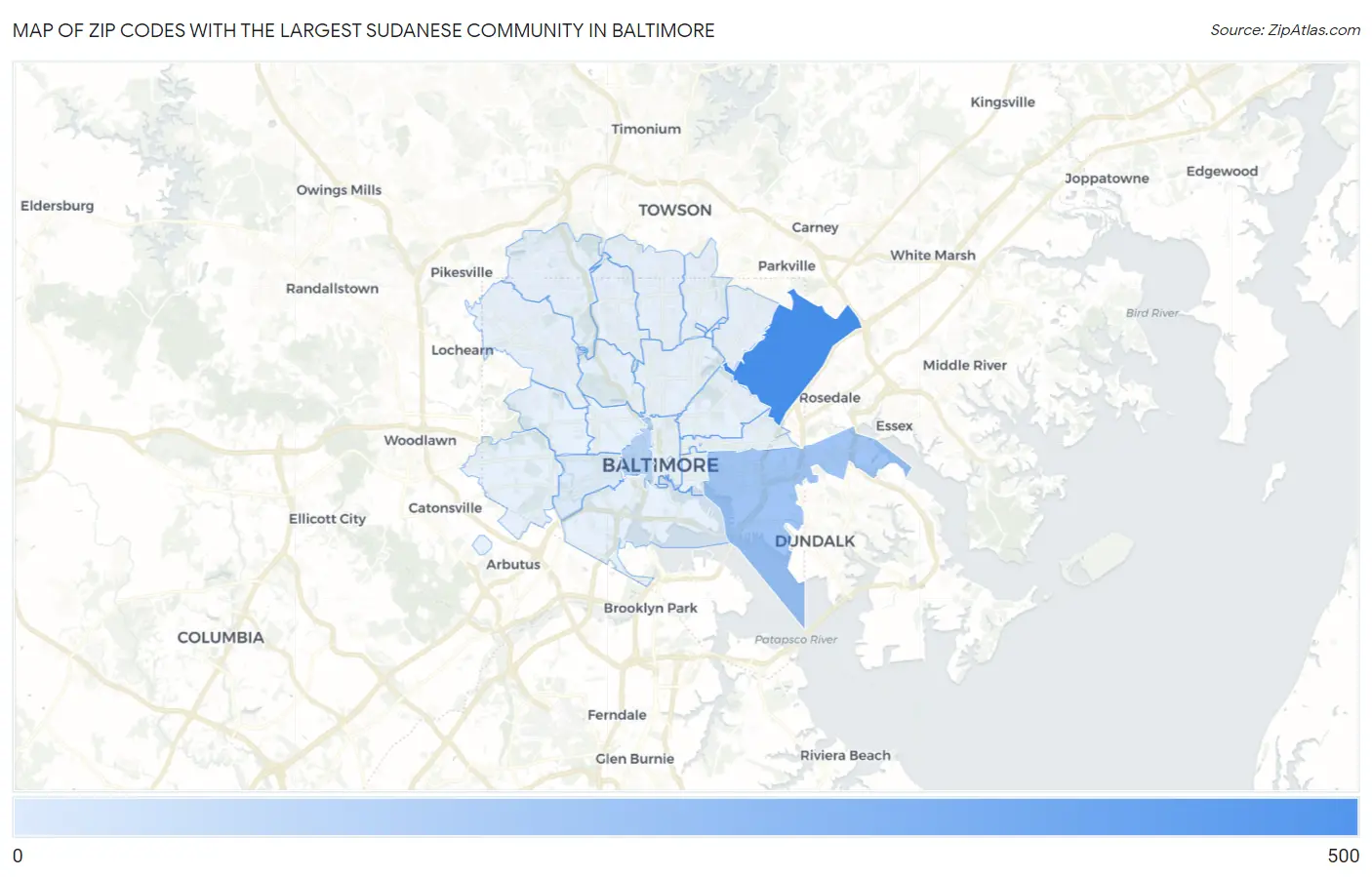 Zip Codes with the Largest Sudanese Community in Baltimore Map