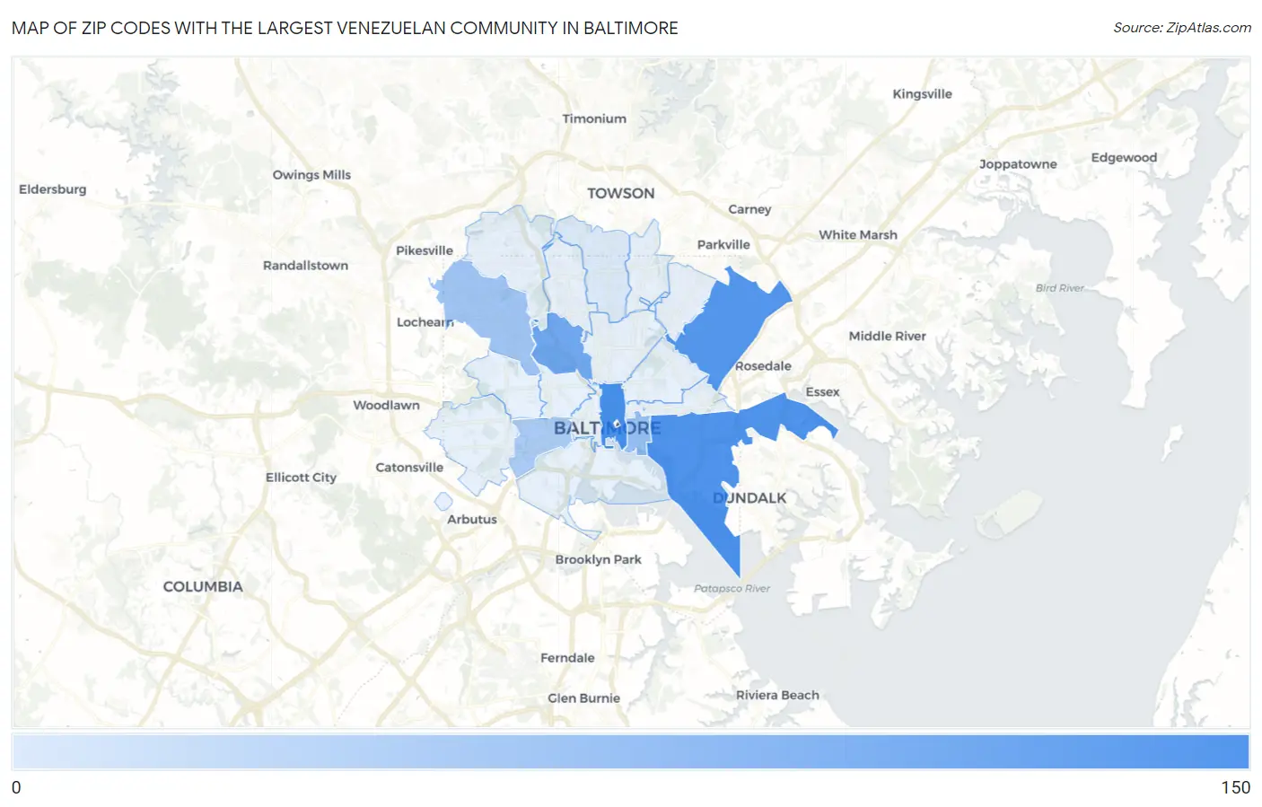 Zip Codes with the Largest Venezuelan Community in Baltimore Map