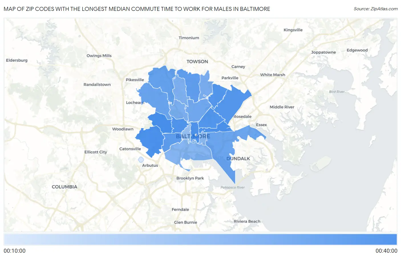 Zip Codes with the Longest Median Commute Time to Work for Males in Baltimore Map