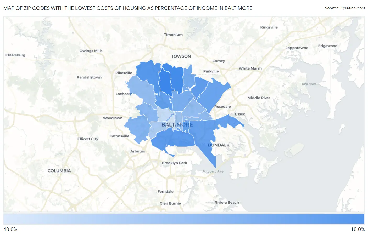 Zip Codes with the Lowest Costs of Housing as Percentage of Income in Baltimore Map