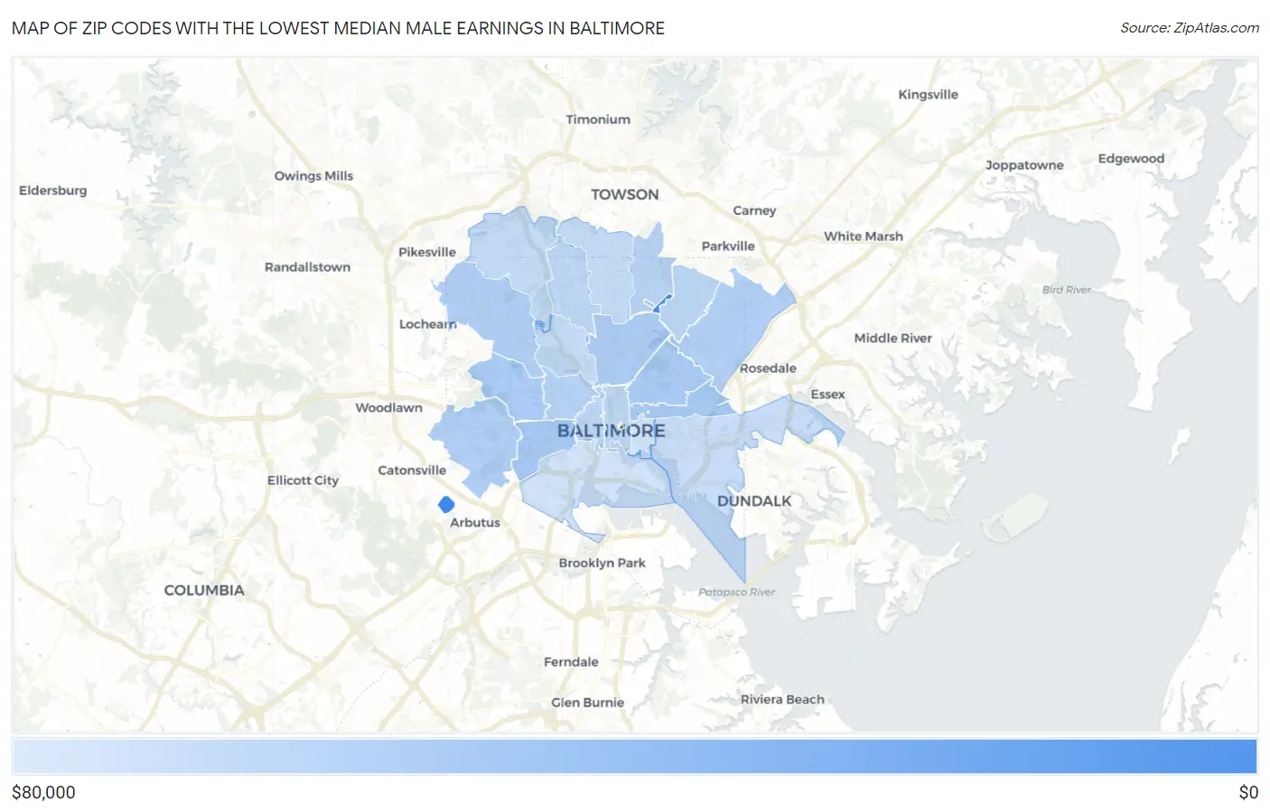 Zip Codes with the Lowest Median Male Earnings in Baltimore Map