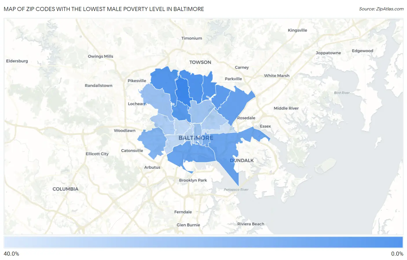 Zip Codes with the Lowest Male Poverty Level in Baltimore Map