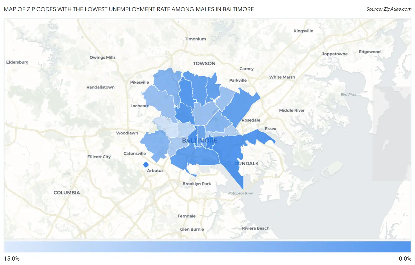Zip Codes with the Lowest Unemployment Rate Among Males in Baltimore Map