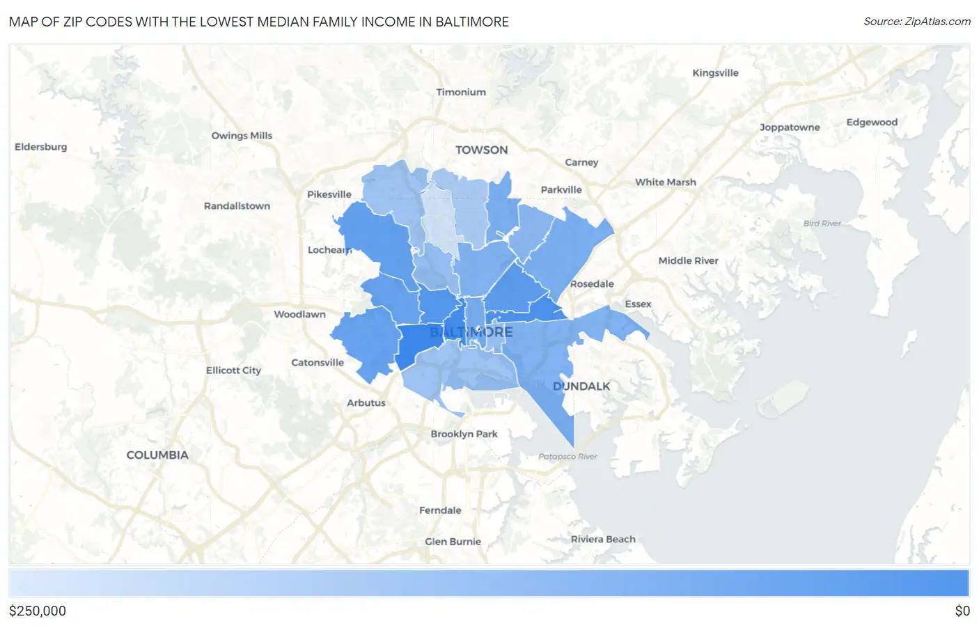 Zip Codes with the Lowest Median Family Income in Baltimore Map