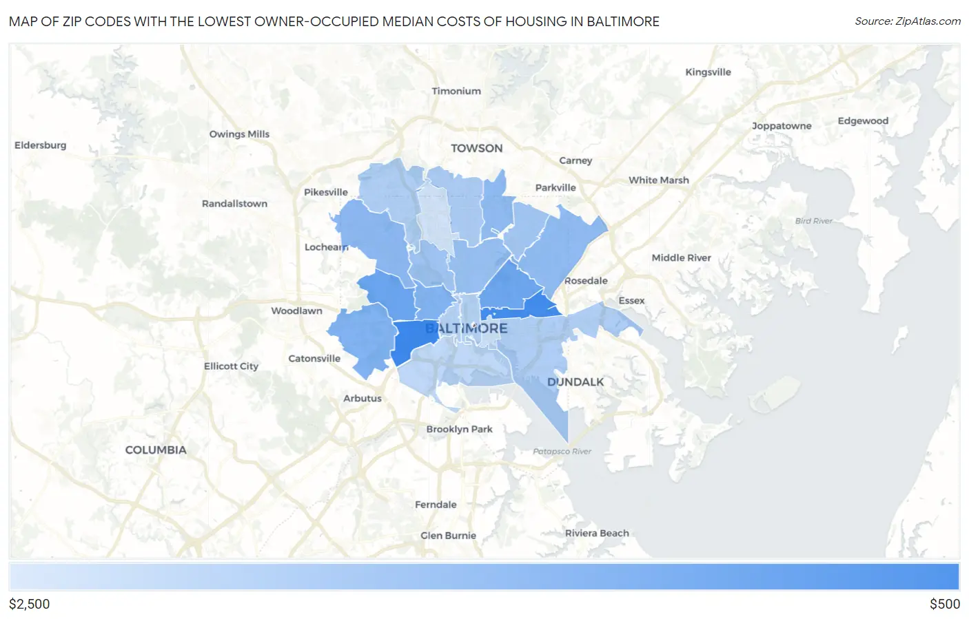 Zip Codes with the Lowest Owner-Occupied Median Costs of Housing in Baltimore Map
