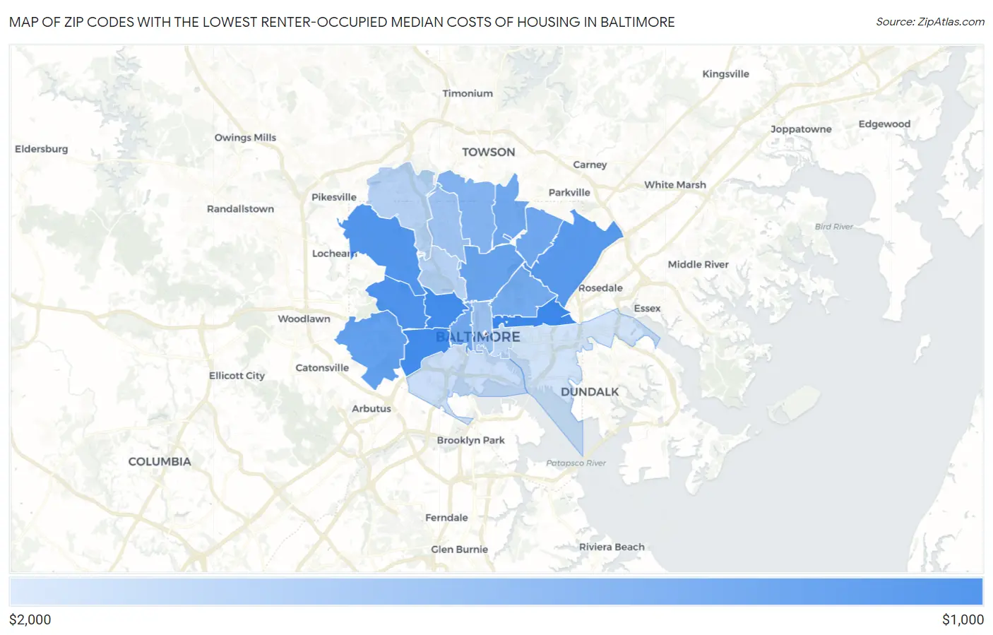 Zip Codes with the Lowest Renter-Occupied Median Costs of Housing in Baltimore Map