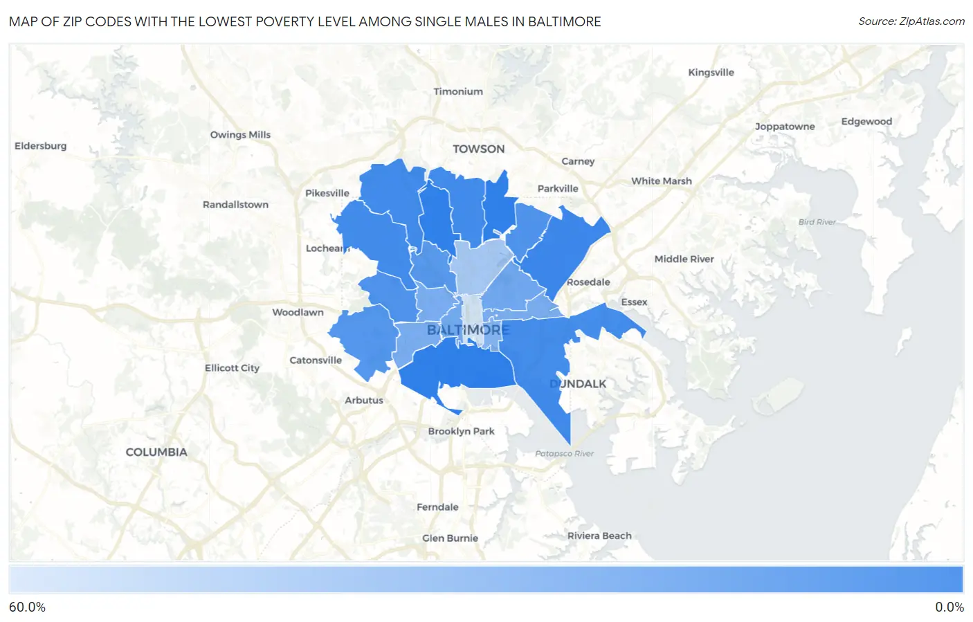 Zip Codes with the Lowest Poverty Level Among Single Males in Baltimore Map