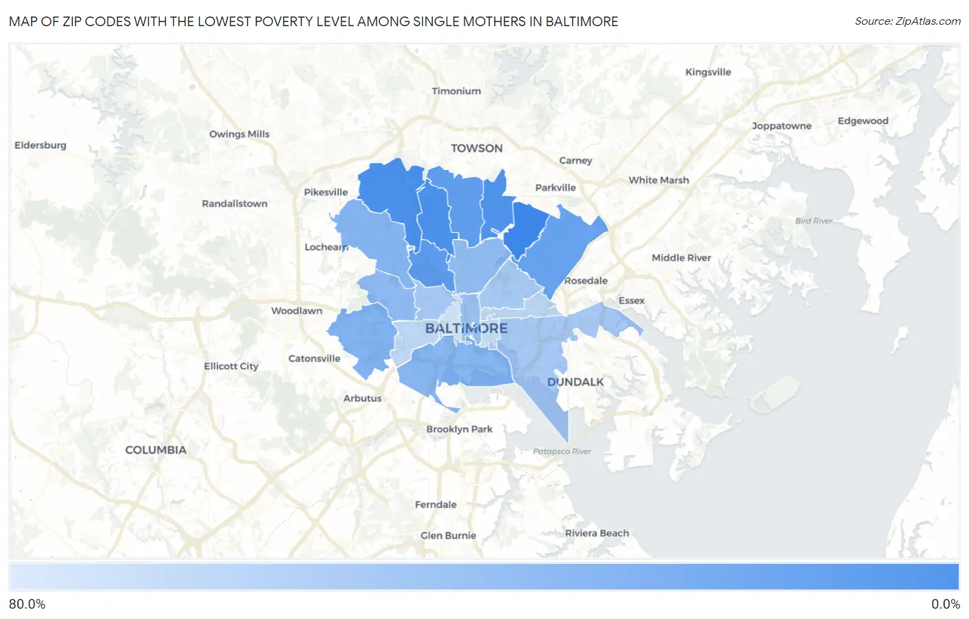 Zip Codes with the Lowest Poverty Level Among Single Mothers in Baltimore Map