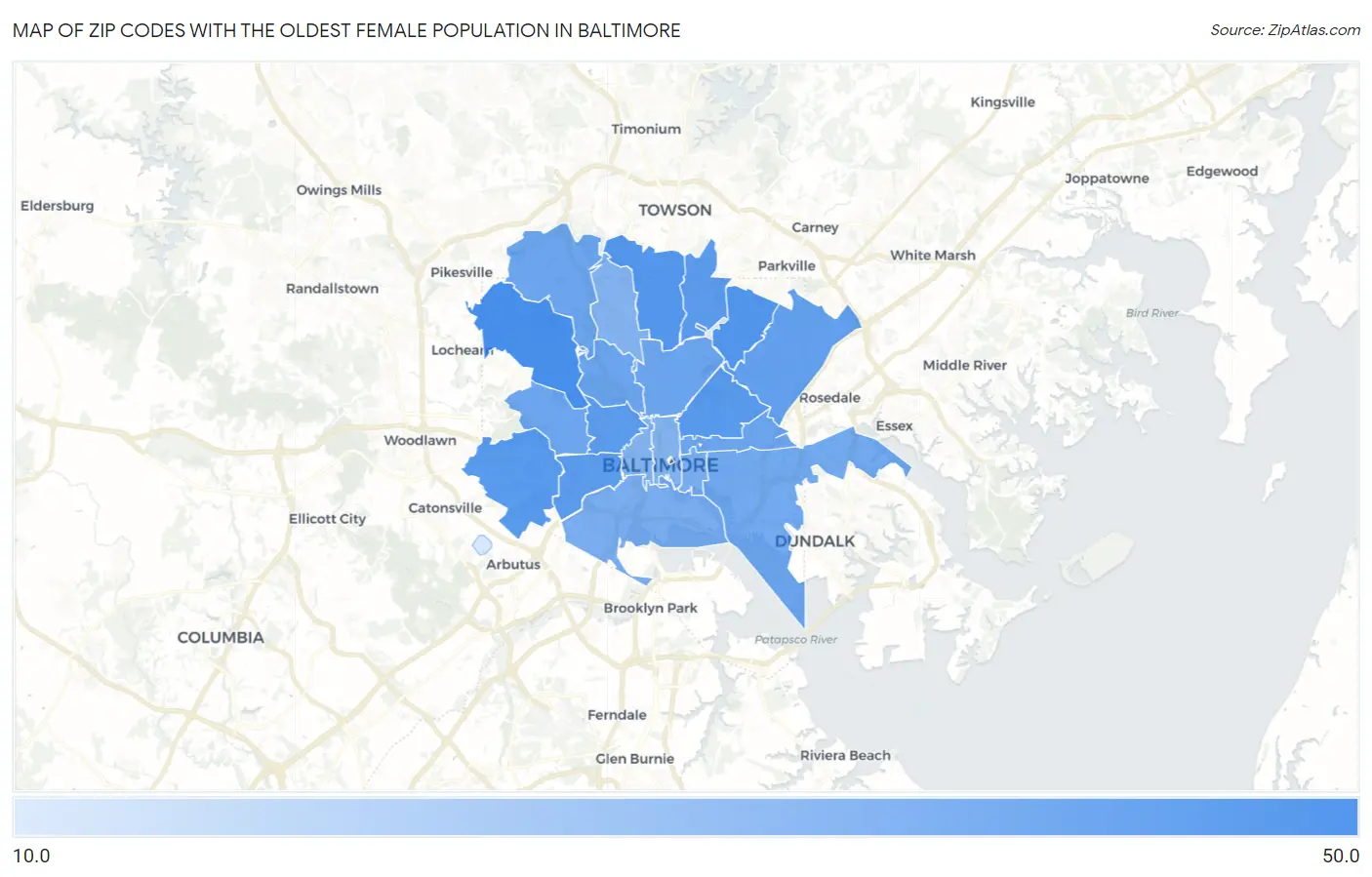 Zip Codes with the Oldest Female Population in Baltimore Map