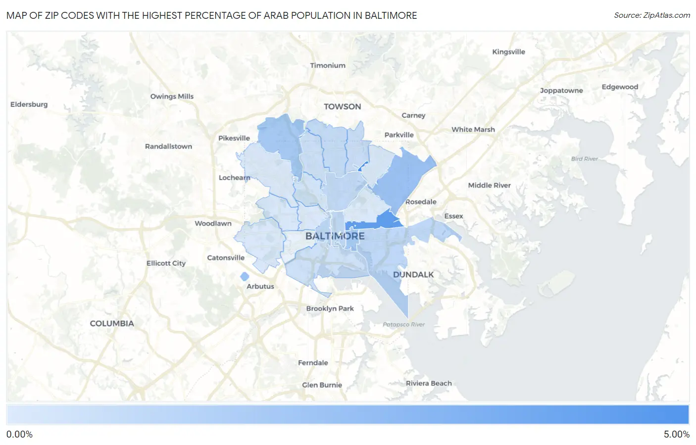 Zip Codes with the Highest Percentage of Arab Population in Baltimore Map
