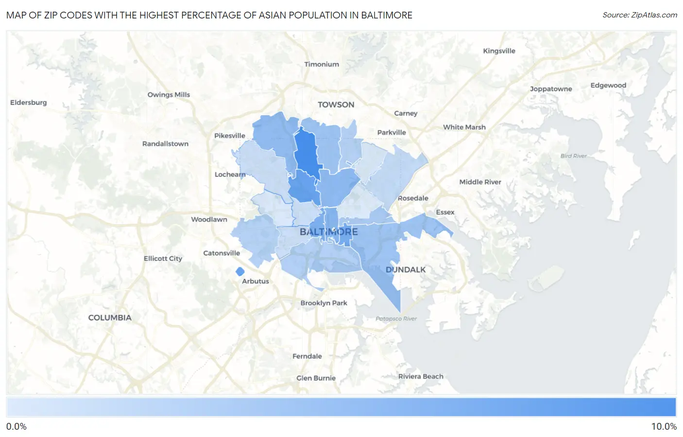 Zip Codes with the Highest Percentage of Asian Population in Baltimore Map