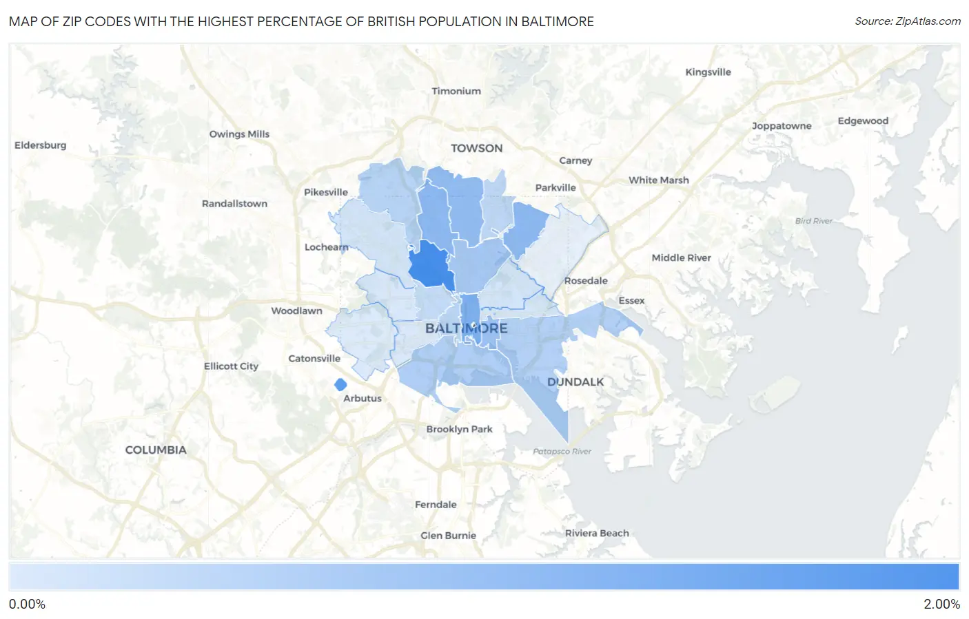Zip Codes with the Highest Percentage of British Population in Baltimore Map