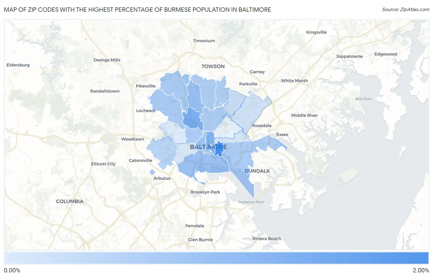 Zip Codes with the Highest Percentage of Burmese Population in Baltimore Map