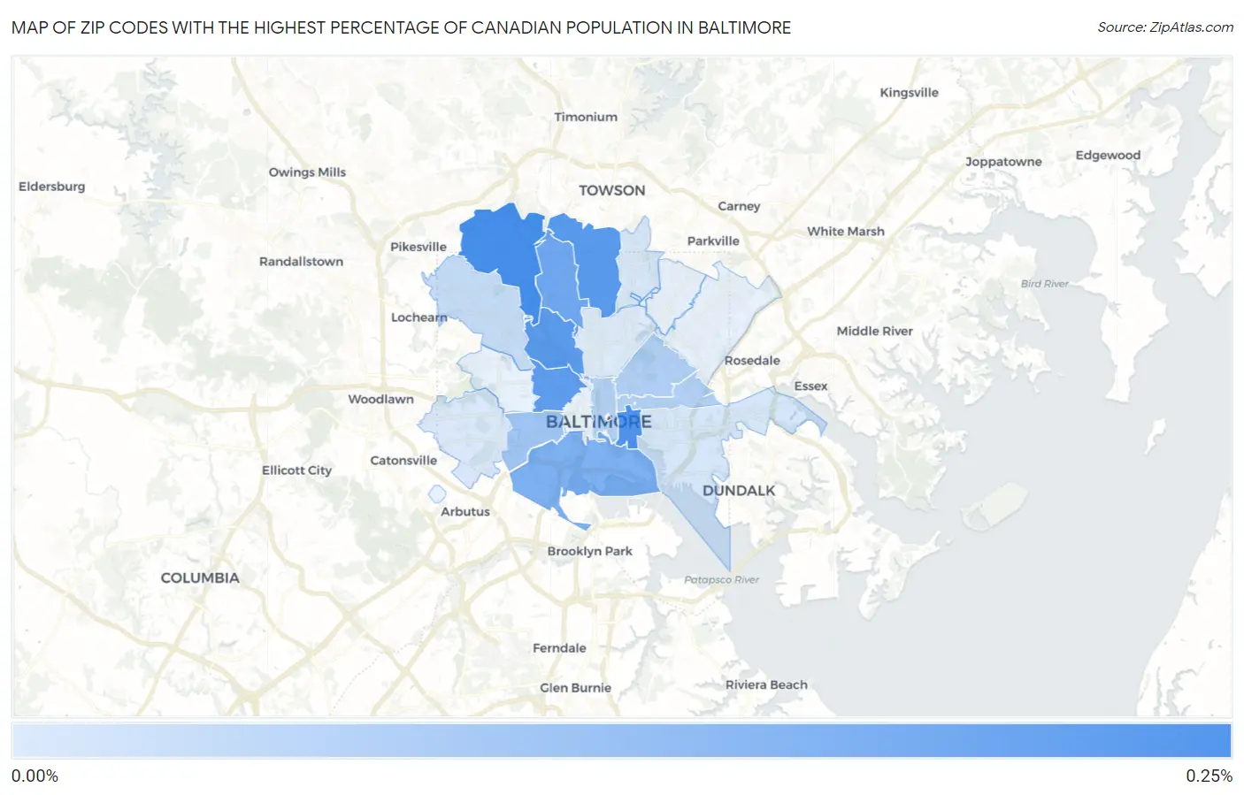 Zip Codes with the Highest Percentage of Canadian Population in Baltimore Map