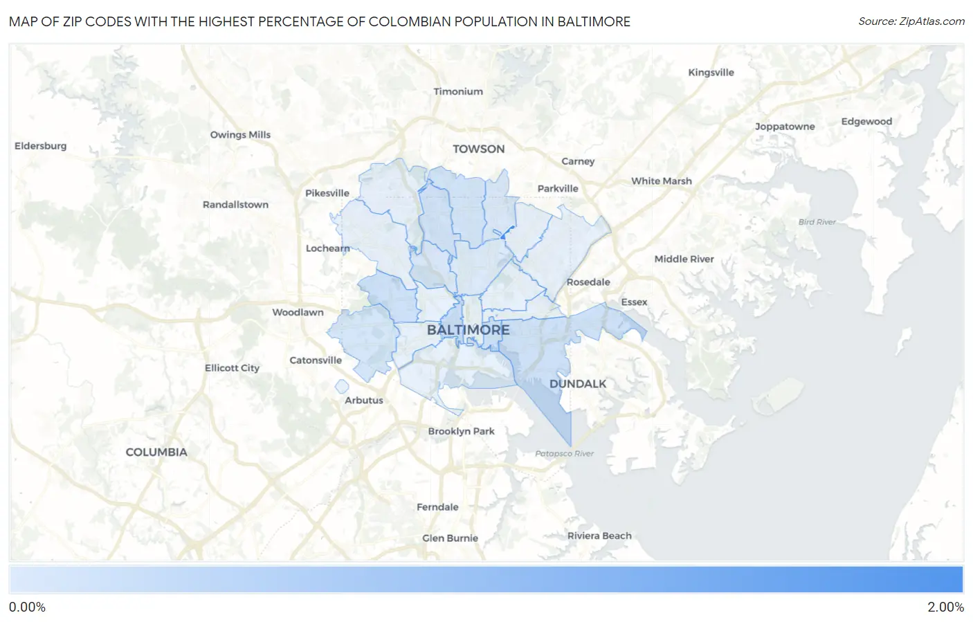 Zip Codes with the Highest Percentage of Colombian Population in Baltimore Map