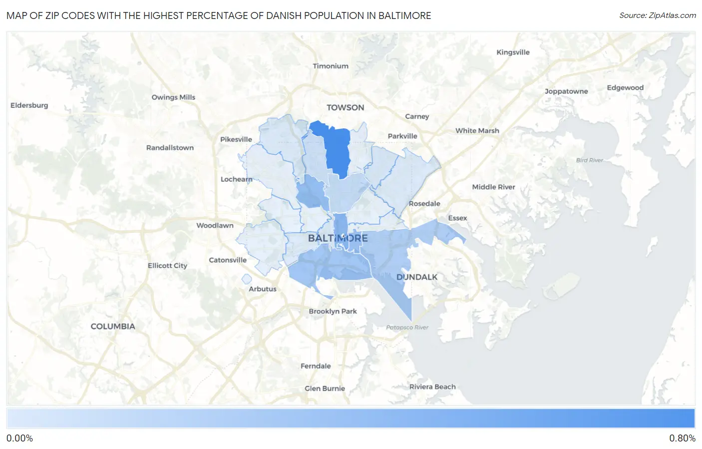Zip Codes with the Highest Percentage of Danish Population in Baltimore Map