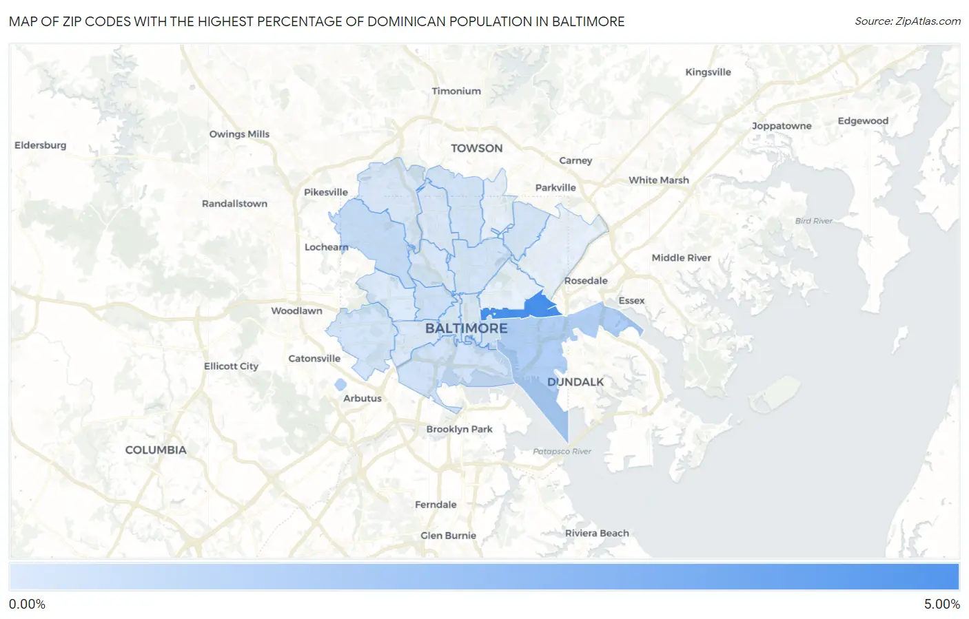 Zip Codes with the Highest Percentage of Dominican Population in Baltimore Map