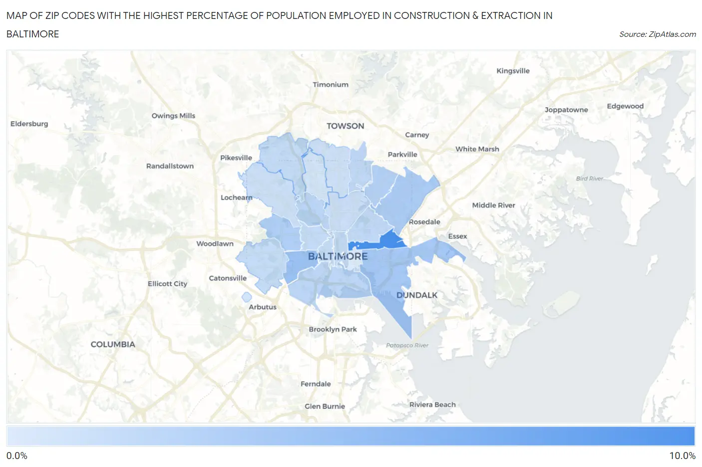 Zip Codes with the Highest Percentage of Population Employed in Construction & Extraction in Baltimore Map
