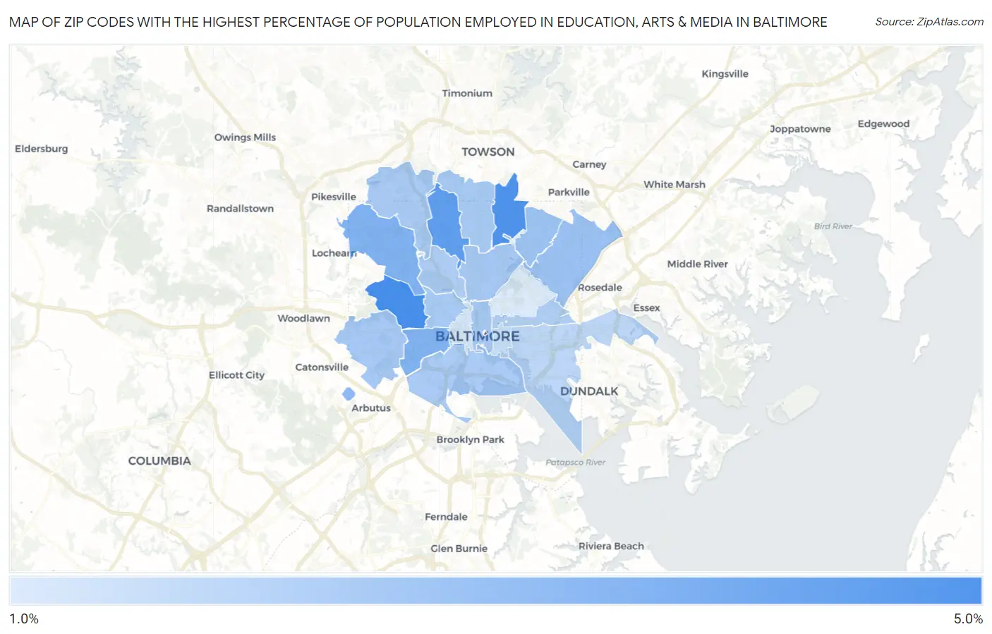 Zip Codes with the Highest Percentage of Population Employed in Education, Arts & Media in Baltimore Map