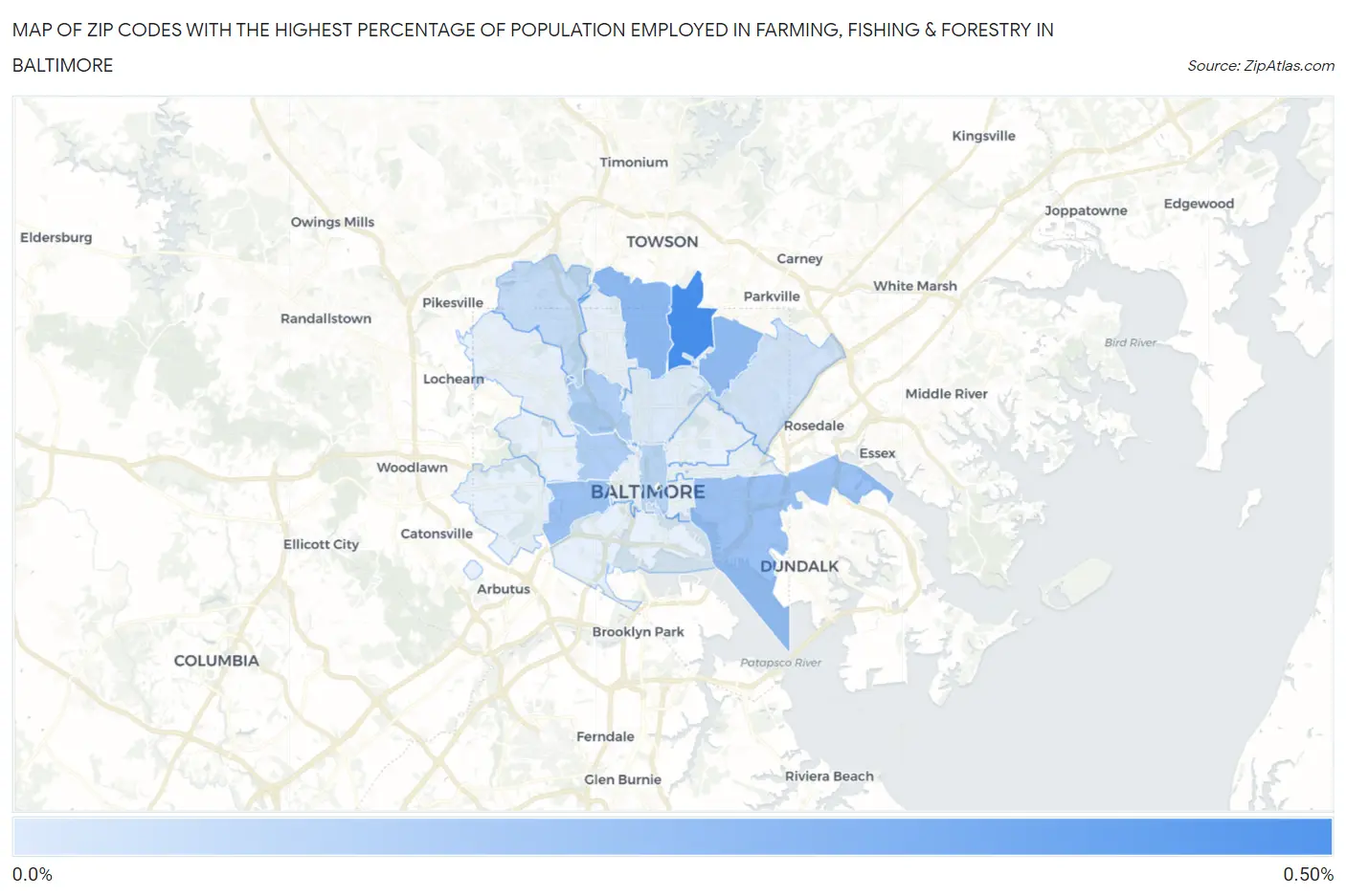 Zip Codes with the Highest Percentage of Population Employed in Farming, Fishing & Forestry in Baltimore Map