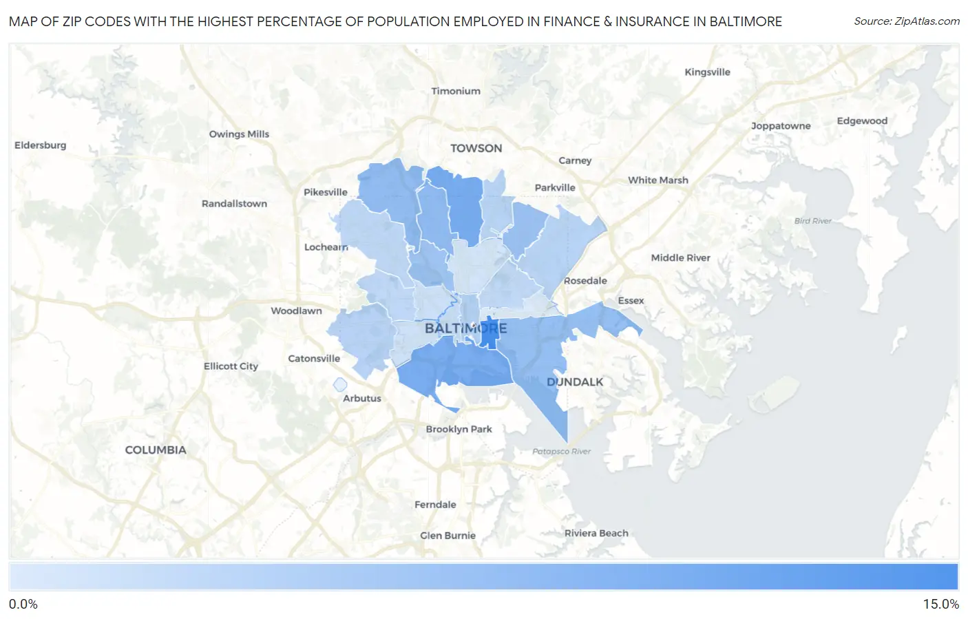 Zip Codes with the Highest Percentage of Population Employed in Finance & Insurance in Baltimore Map