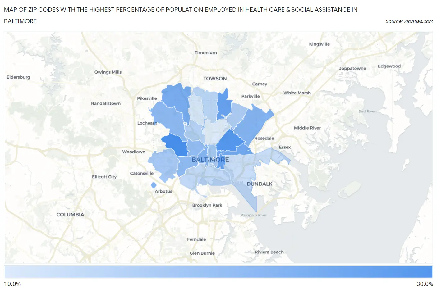 Zip Codes with the Highest Percentage of Population Employed in Health Care & Social Assistance in Baltimore Map