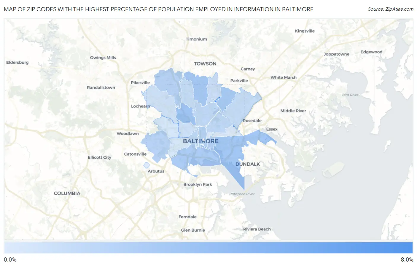 Zip Codes with the Highest Percentage of Population Employed in Information in Baltimore Map