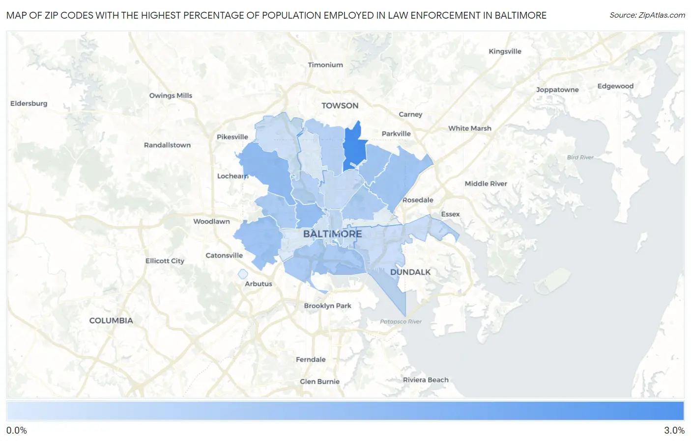 Zip Codes with the Highest Percentage of Population Employed in Law Enforcement in Baltimore Map