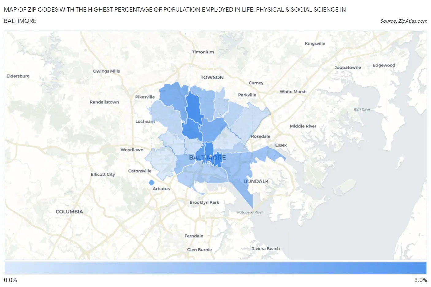 Zip Codes with the Highest Percentage of Population Employed in Life, Physical & Social Science in Baltimore Map
