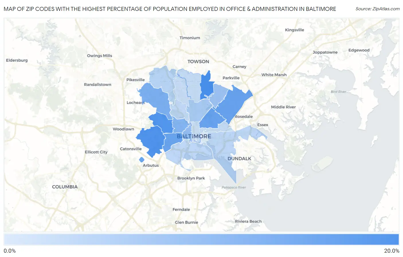 Zip Codes with the Highest Percentage of Population Employed in Office & Administration in Baltimore Map