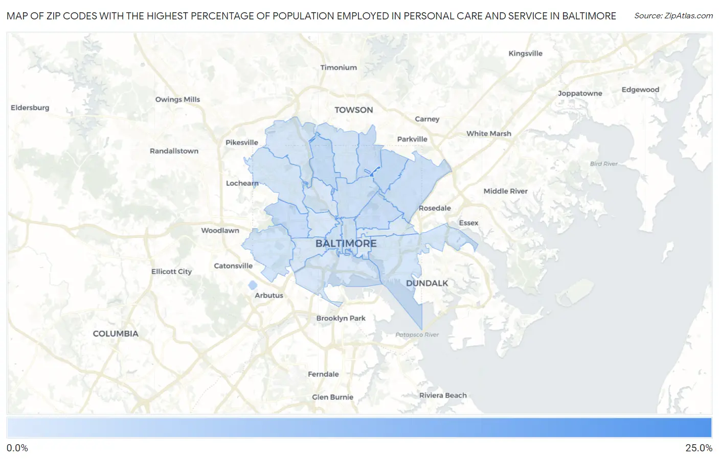 Zip Codes with the Highest Percentage of Population Employed in Personal Care and Service in Baltimore Map