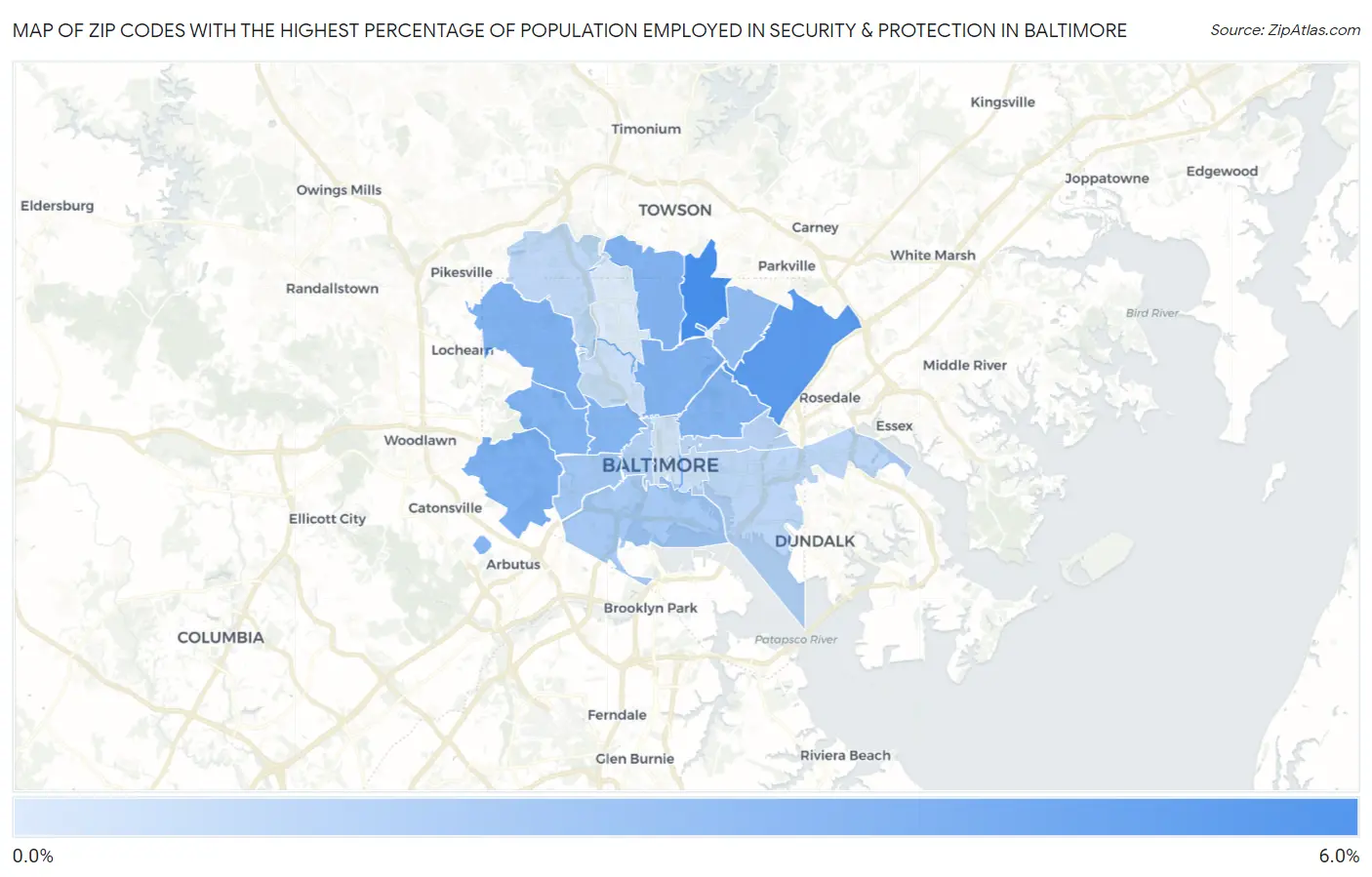 Zip Codes with the Highest Percentage of Population Employed in Security & Protection in Baltimore Map
