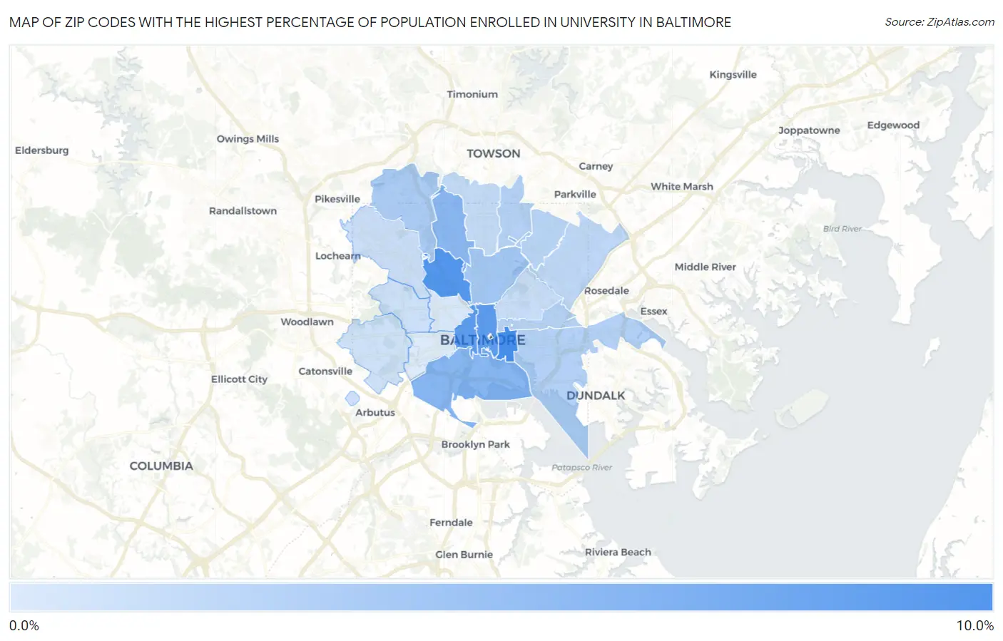 Zip Codes with the Highest Percentage of Population Enrolled in University in Baltimore Map