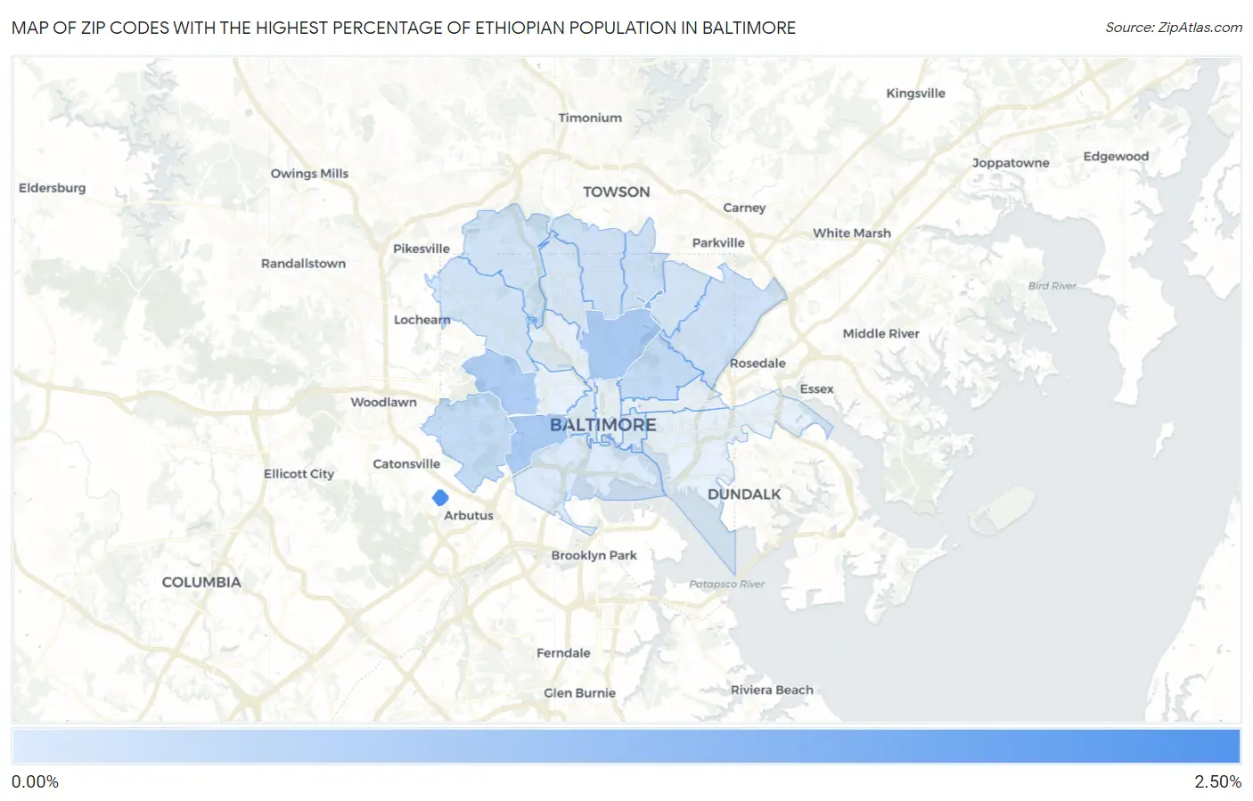 Zip Codes with the Highest Percentage of Ethiopian Population in Baltimore Map