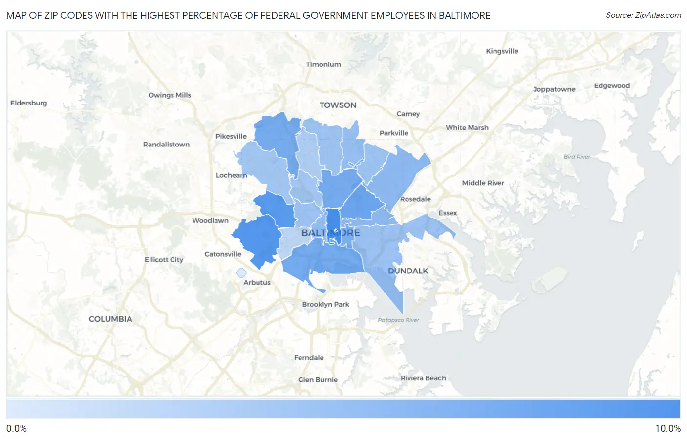 Zip Codes with the Highest Percentage of Federal Government Employees in Baltimore Map