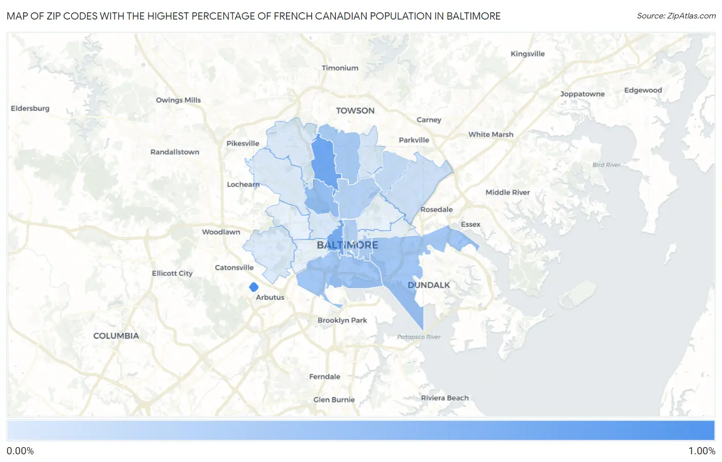Zip Codes with the Highest Percentage of French Canadian Population in Baltimore Map