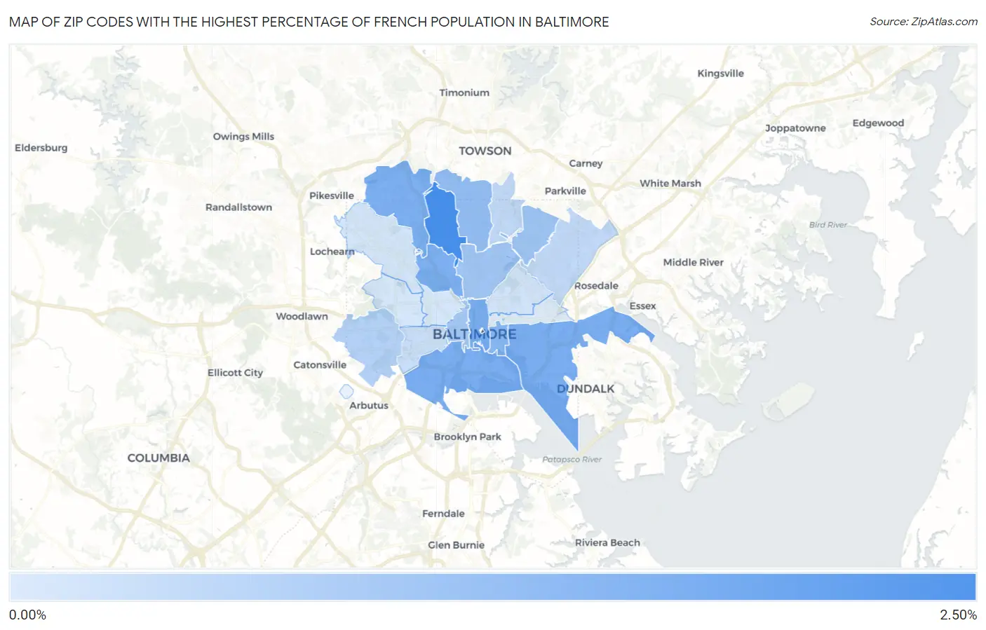 Zip Codes with the Highest Percentage of French Population in Baltimore Map